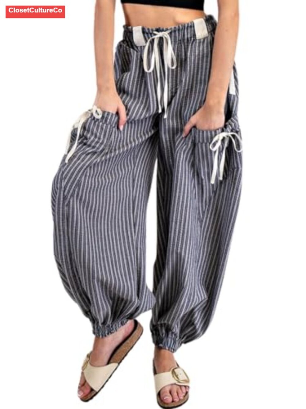 Women Wide Leg Palazzo Lounge Pants Drawstring Striped Ankle Length with Pockets
